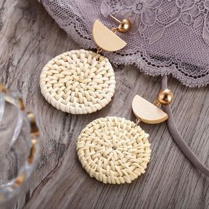 Boho Wood & Natural Straw Woven Earrings